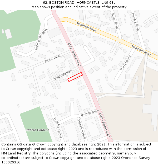 62, BOSTON ROAD, HORNCASTLE, LN9 6EL: Location map and indicative extent of plot