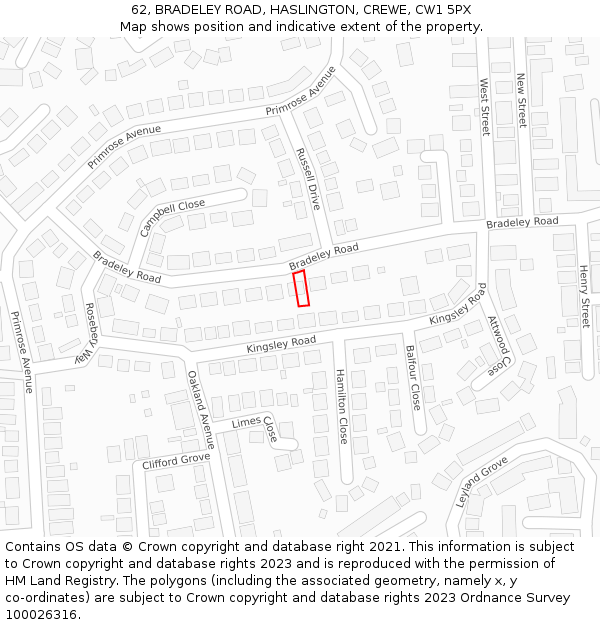 62, BRADELEY ROAD, HASLINGTON, CREWE, CW1 5PX: Location map and indicative extent of plot