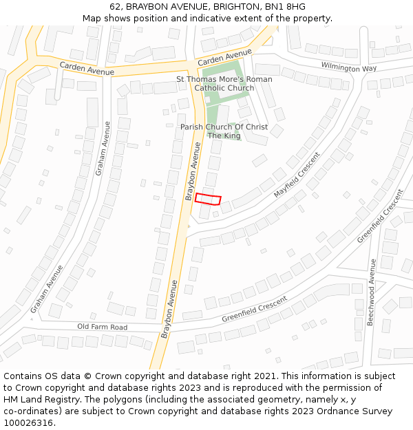 62, BRAYBON AVENUE, BRIGHTON, BN1 8HG: Location map and indicative extent of plot