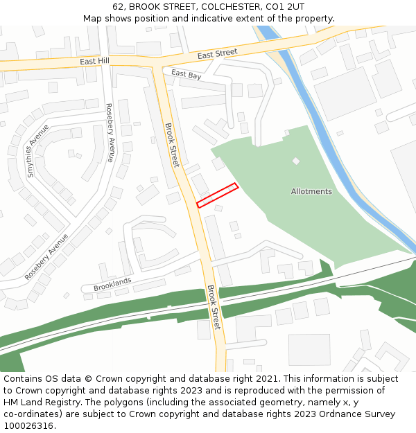 62, BROOK STREET, COLCHESTER, CO1 2UT: Location map and indicative extent of plot