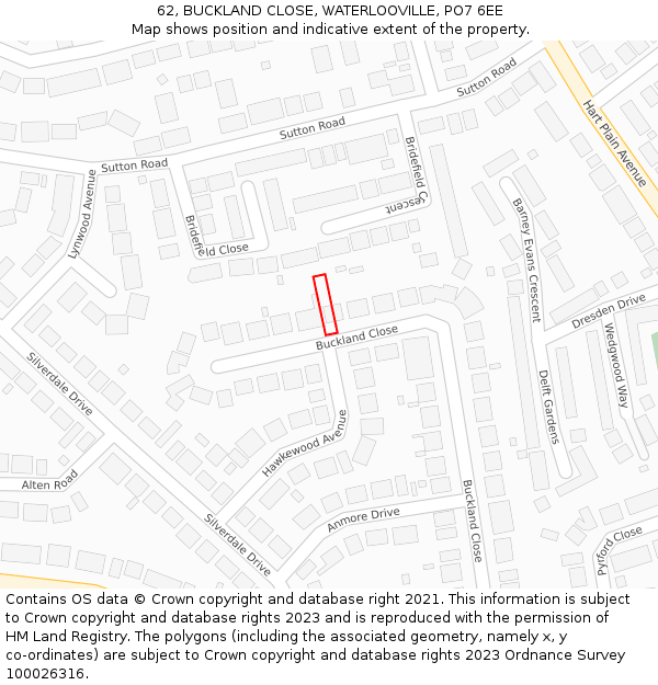62, BUCKLAND CLOSE, WATERLOOVILLE, PO7 6EE: Location map and indicative extent of plot