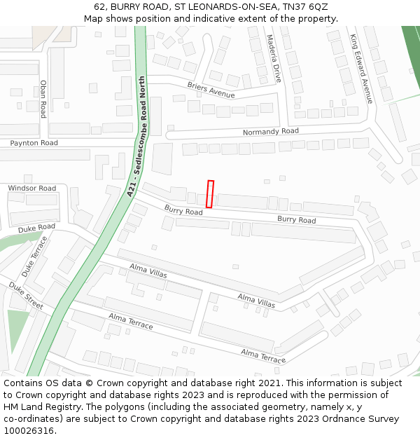 62, BURRY ROAD, ST LEONARDS-ON-SEA, TN37 6QZ: Location map and indicative extent of plot