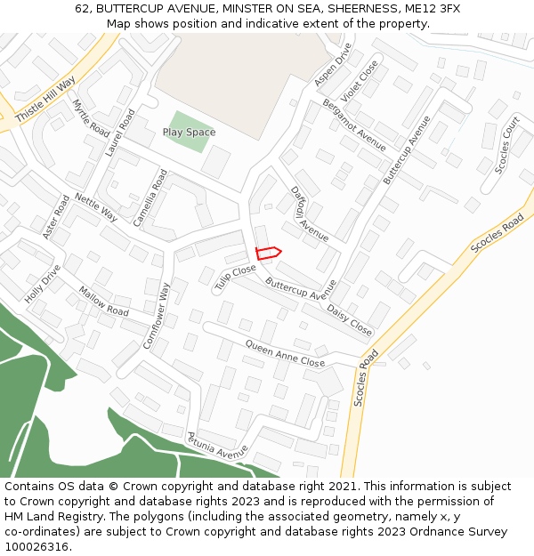 62, BUTTERCUP AVENUE, MINSTER ON SEA, SHEERNESS, ME12 3FX: Location map and indicative extent of plot