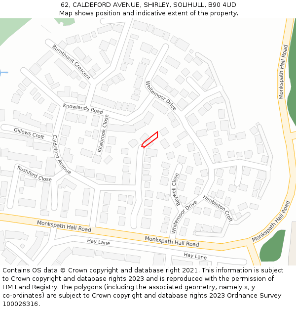 62, CALDEFORD AVENUE, SHIRLEY, SOLIHULL, B90 4UD: Location map and indicative extent of plot