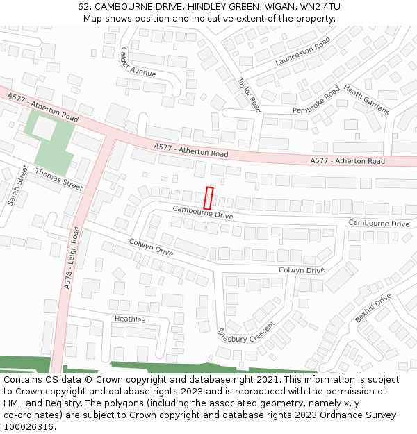 62, CAMBOURNE DRIVE, HINDLEY GREEN, WIGAN, WN2 4TU: Location map and indicative extent of plot