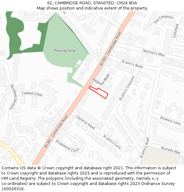 62, CAMBRIDGE ROAD, STANSTED, CM24 8DA: Location map and indicative extent of plot
