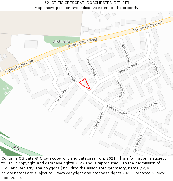 62, CELTIC CRESCENT, DORCHESTER, DT1 2TB: Location map and indicative extent of plot