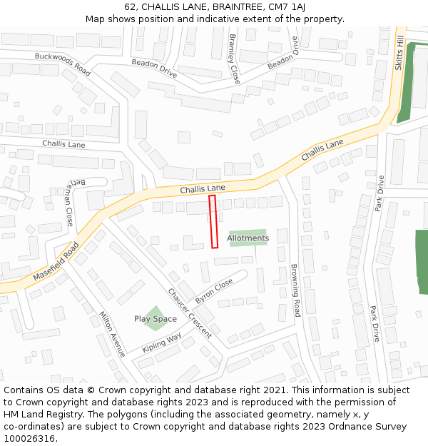 62, CHALLIS LANE, BRAINTREE, CM7 1AJ: Location map and indicative extent of plot