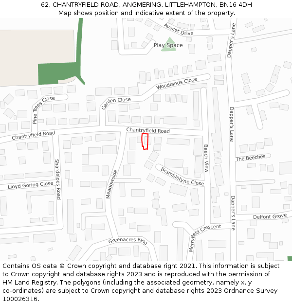 62, CHANTRYFIELD ROAD, ANGMERING, LITTLEHAMPTON, BN16 4DH: Location map and indicative extent of plot