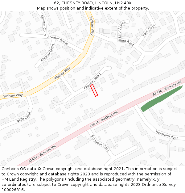 62, CHESNEY ROAD, LINCOLN, LN2 4RX: Location map and indicative extent of plot