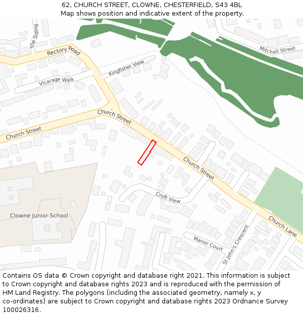 62, CHURCH STREET, CLOWNE, CHESTERFIELD, S43 4BL: Location map and indicative extent of plot