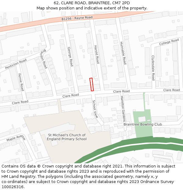 62, CLARE ROAD, BRAINTREE, CM7 2PD: Location map and indicative extent of plot