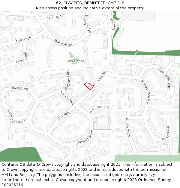 62, CLAY PITS, BRAINTREE, CM7 3LA: Location map and indicative extent of plot