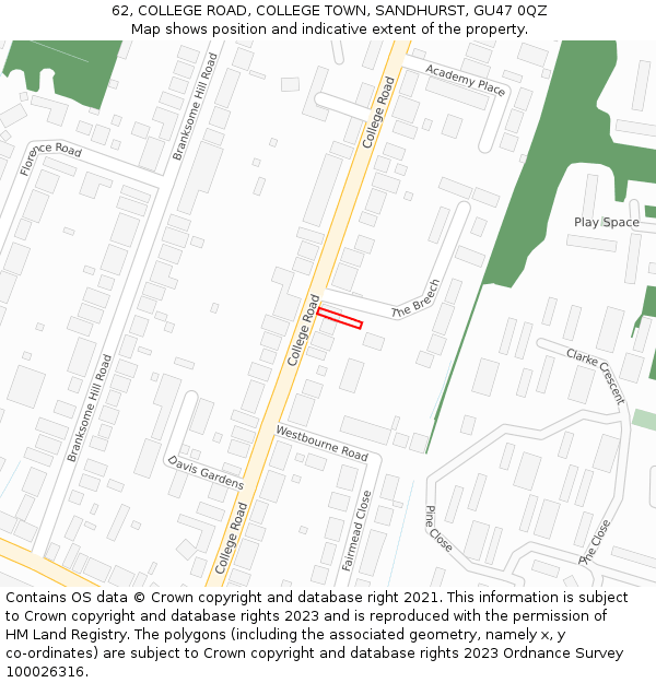 62, COLLEGE ROAD, COLLEGE TOWN, SANDHURST, GU47 0QZ: Location map and indicative extent of plot
