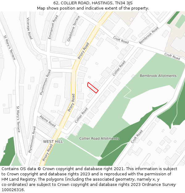 62, COLLIER ROAD, HASTINGS, TN34 3JS: Location map and indicative extent of plot