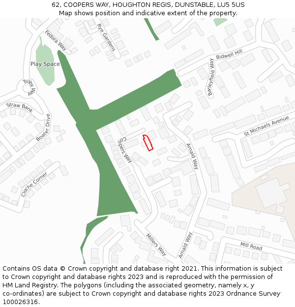 62, COOPERS WAY, HOUGHTON REGIS, DUNSTABLE, LU5 5US: Location map and indicative extent of plot