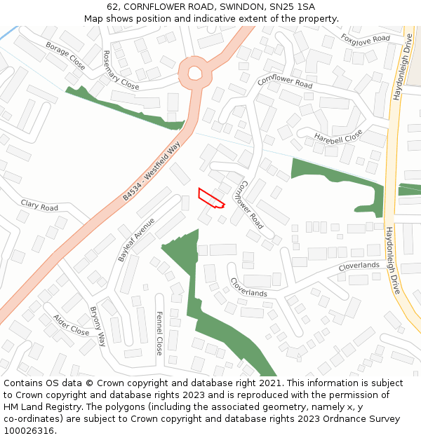 62, CORNFLOWER ROAD, SWINDON, SN25 1SA: Location map and indicative extent of plot