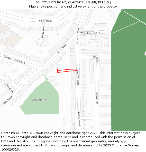 62, COVERTS ROAD, CLAYGATE, ESHER, KT10 0LJ: Location map and indicative extent of plot