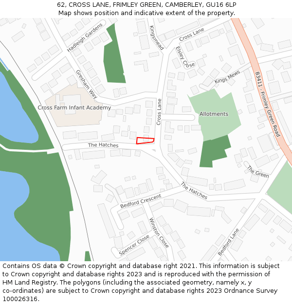 62, CROSS LANE, FRIMLEY GREEN, CAMBERLEY, GU16 6LP: Location map and indicative extent of plot
