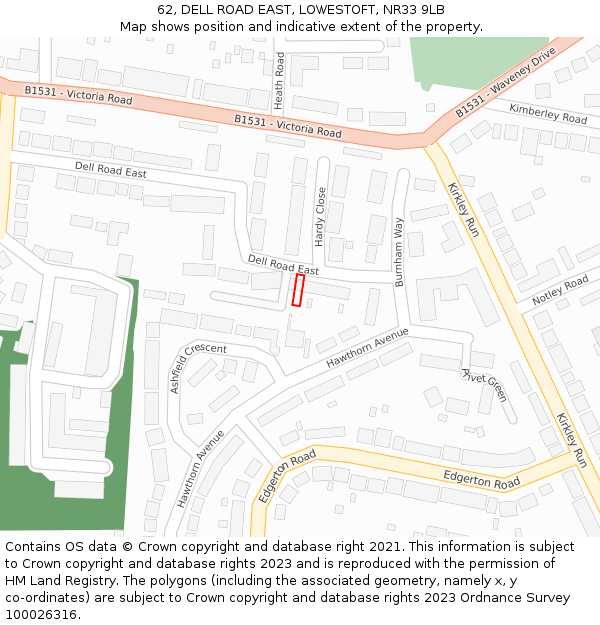 62, DELL ROAD EAST, LOWESTOFT, NR33 9LB: Location map and indicative extent of plot