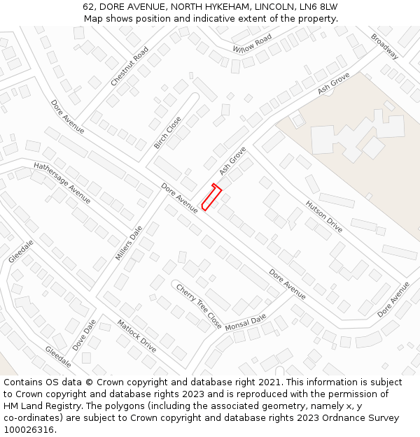 62, DORE AVENUE, NORTH HYKEHAM, LINCOLN, LN6 8LW: Location map and indicative extent of plot
