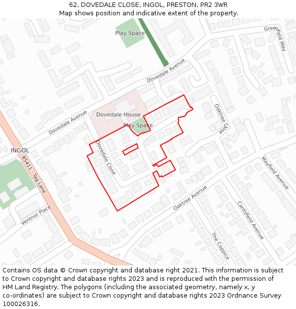 62, DOVEDALE CLOSE, INGOL, PRESTON, PR2 3WR: Location map and indicative extent of plot