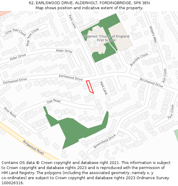 62, EARLSWOOD DRIVE, ALDERHOLT, FORDINGBRIDGE, SP6 3EN: Location map and indicative extent of plot