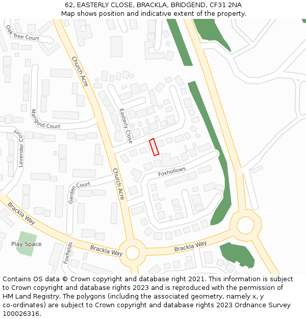 62, EASTERLY CLOSE, BRACKLA, BRIDGEND, CF31 2NA: Location map and indicative extent of plot