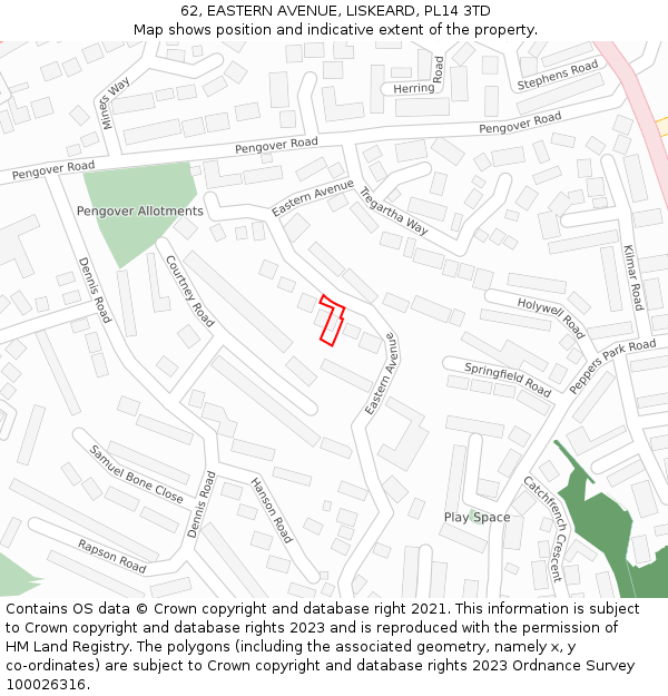 62, EASTERN AVENUE, LISKEARD, PL14 3TD: Location map and indicative extent of plot