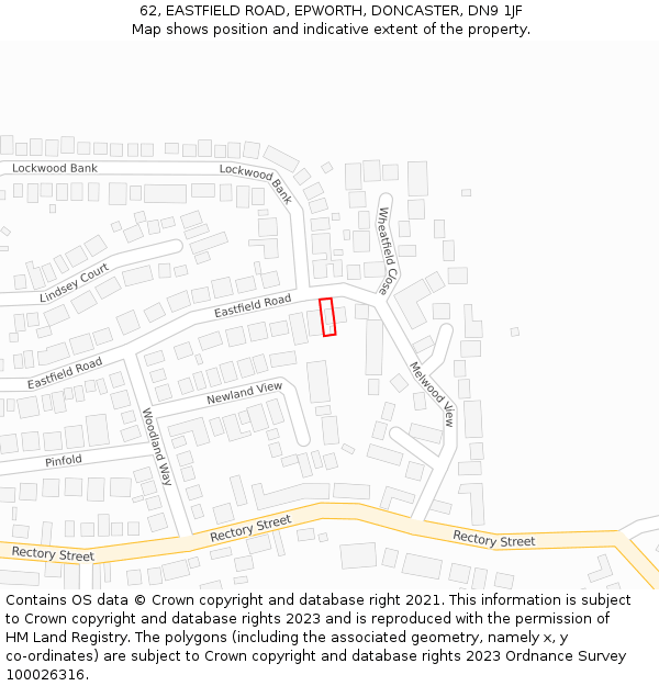 62, EASTFIELD ROAD, EPWORTH, DONCASTER, DN9 1JF: Location map and indicative extent of plot