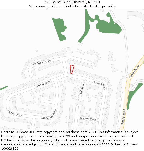 62, EPSOM DRIVE, IPSWICH, IP1 6RU: Location map and indicative extent of plot