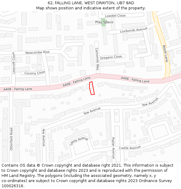 62, FALLING LANE, WEST DRAYTON, UB7 8AD: Location map and indicative extent of plot