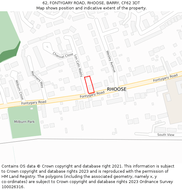62, FONTYGARY ROAD, RHOOSE, BARRY, CF62 3DT: Location map and indicative extent of plot