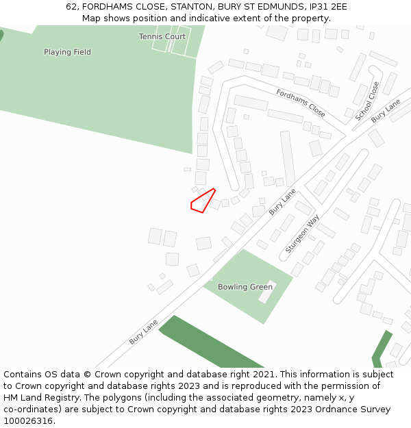 62, FORDHAMS CLOSE, STANTON, BURY ST EDMUNDS, IP31 2EE: Location map and indicative extent of plot