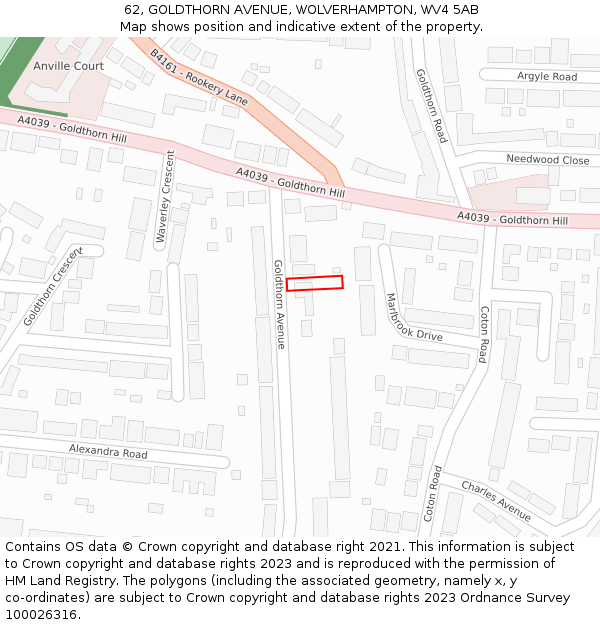 62, GOLDTHORN AVENUE, WOLVERHAMPTON, WV4 5AB: Location map and indicative extent of plot