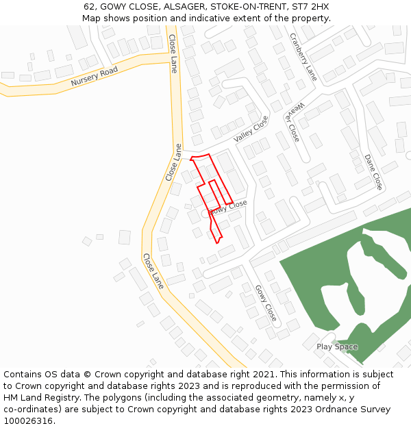 62, GOWY CLOSE, ALSAGER, STOKE-ON-TRENT, ST7 2HX: Location map and indicative extent of plot