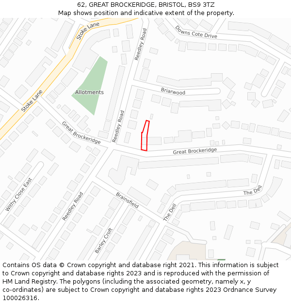62, GREAT BROCKERIDGE, BRISTOL, BS9 3TZ: Location map and indicative extent of plot