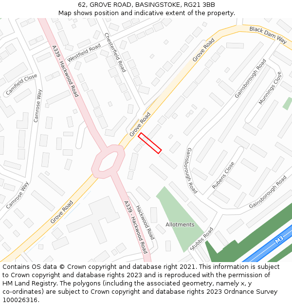 62, GROVE ROAD, BASINGSTOKE, RG21 3BB: Location map and indicative extent of plot