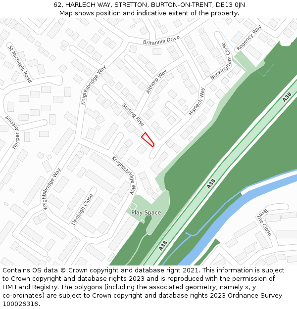 62, HARLECH WAY, STRETTON, BURTON-ON-TRENT, DE13 0JN: Location map and indicative extent of plot