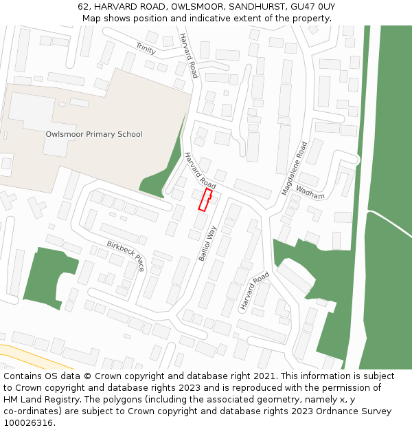 62, HARVARD ROAD, OWLSMOOR, SANDHURST, GU47 0UY: Location map and indicative extent of plot