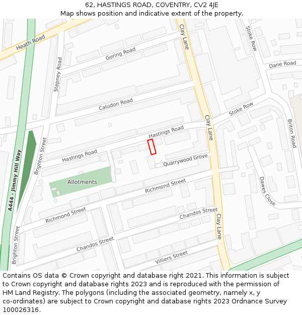 62, HASTINGS ROAD, COVENTRY, CV2 4JE: Location map and indicative extent of plot