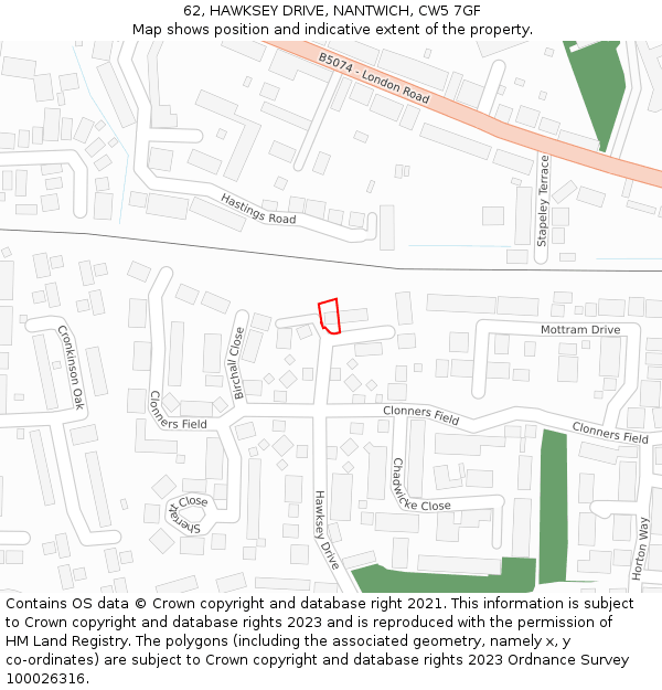 62, HAWKSEY DRIVE, NANTWICH, CW5 7GF: Location map and indicative extent of plot