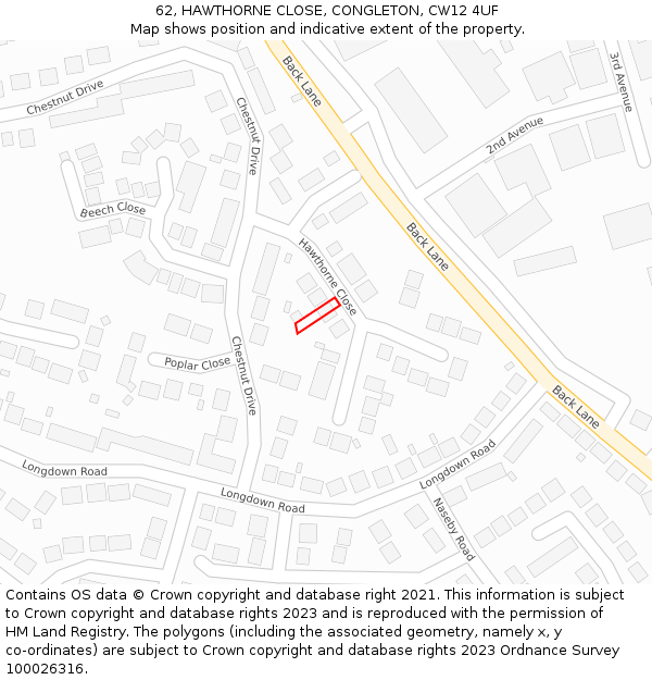 62, HAWTHORNE CLOSE, CONGLETON, CW12 4UF: Location map and indicative extent of plot