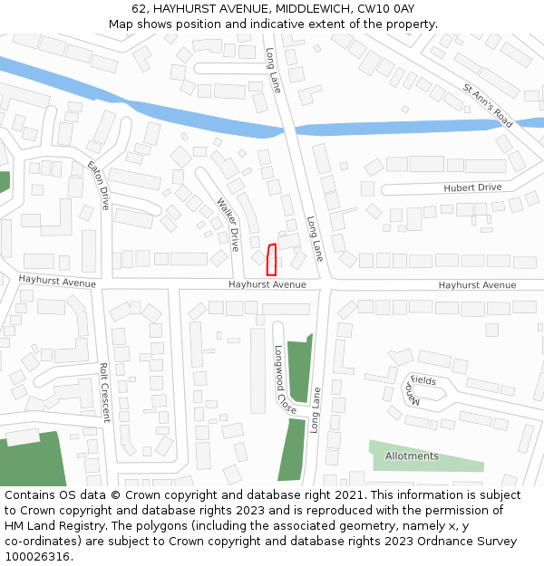62, HAYHURST AVENUE, MIDDLEWICH, CW10 0AY: Location map and indicative extent of plot