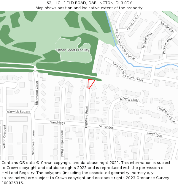 62, HIGHFIELD ROAD, DARLINGTON, DL3 0DY: Location map and indicative extent of plot