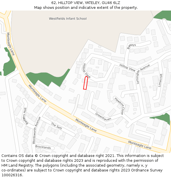 62, HILLTOP VIEW, YATELEY, GU46 6LZ: Location map and indicative extent of plot
