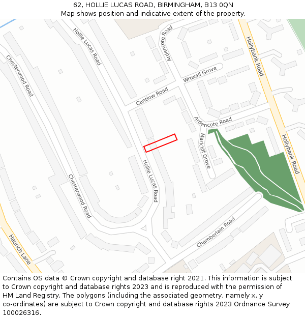 62, HOLLIE LUCAS ROAD, BIRMINGHAM, B13 0QN: Location map and indicative extent of plot