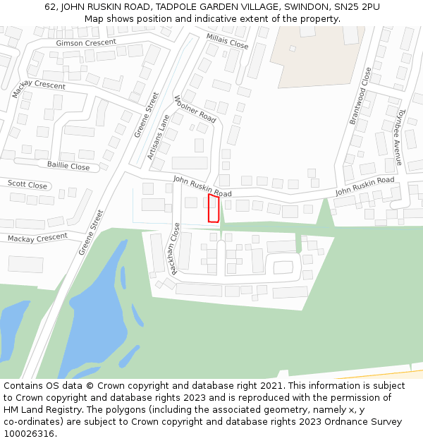 62, JOHN RUSKIN ROAD, TADPOLE GARDEN VILLAGE, SWINDON, SN25 2PU: Location map and indicative extent of plot