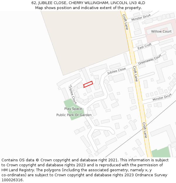 62, JUBILEE CLOSE, CHERRY WILLINGHAM, LINCOLN, LN3 4LD: Location map and indicative extent of plot