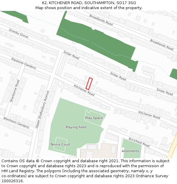 62, KITCHENER ROAD, SOUTHAMPTON, SO17 3SG: Location map and indicative extent of plot